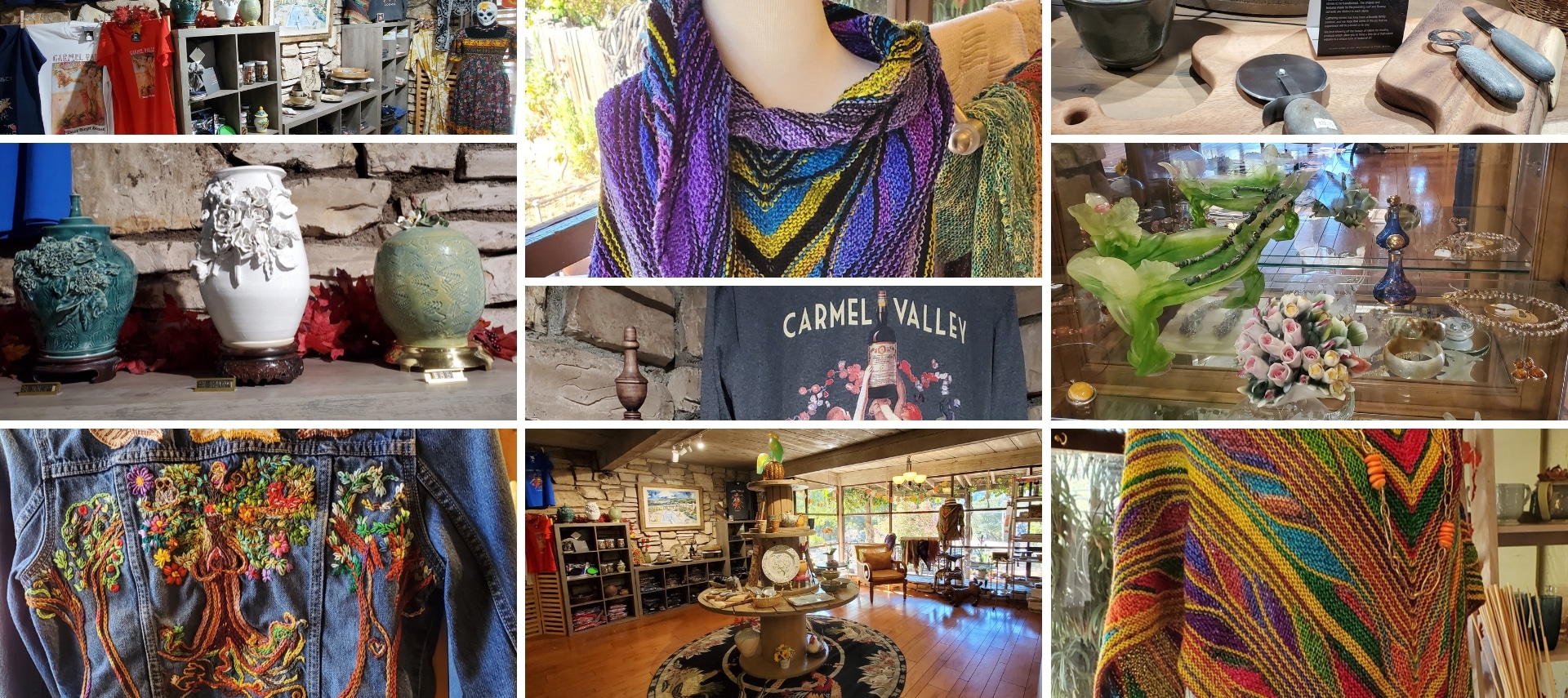 A collage of gifts on display at Carmel Valley Lodge Gift Gallery: hand-knit shawls, handmade ceramics, embroidery, and more