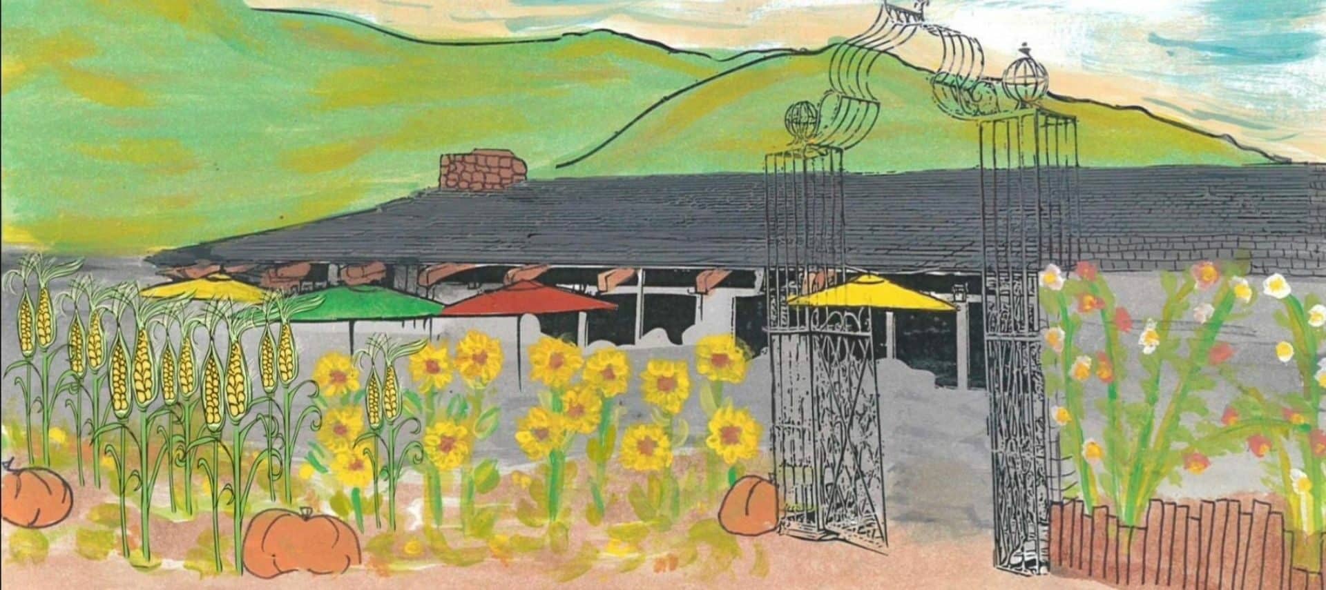 Watercolor drawing of building with mountains in the background and flowers in the front