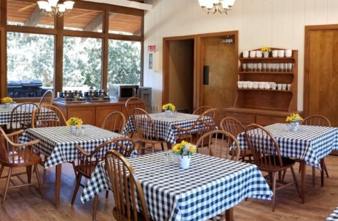 Large dining area with many wooden tables and chairs covered with black and white checked tablecloths each with yellow flower arrangement